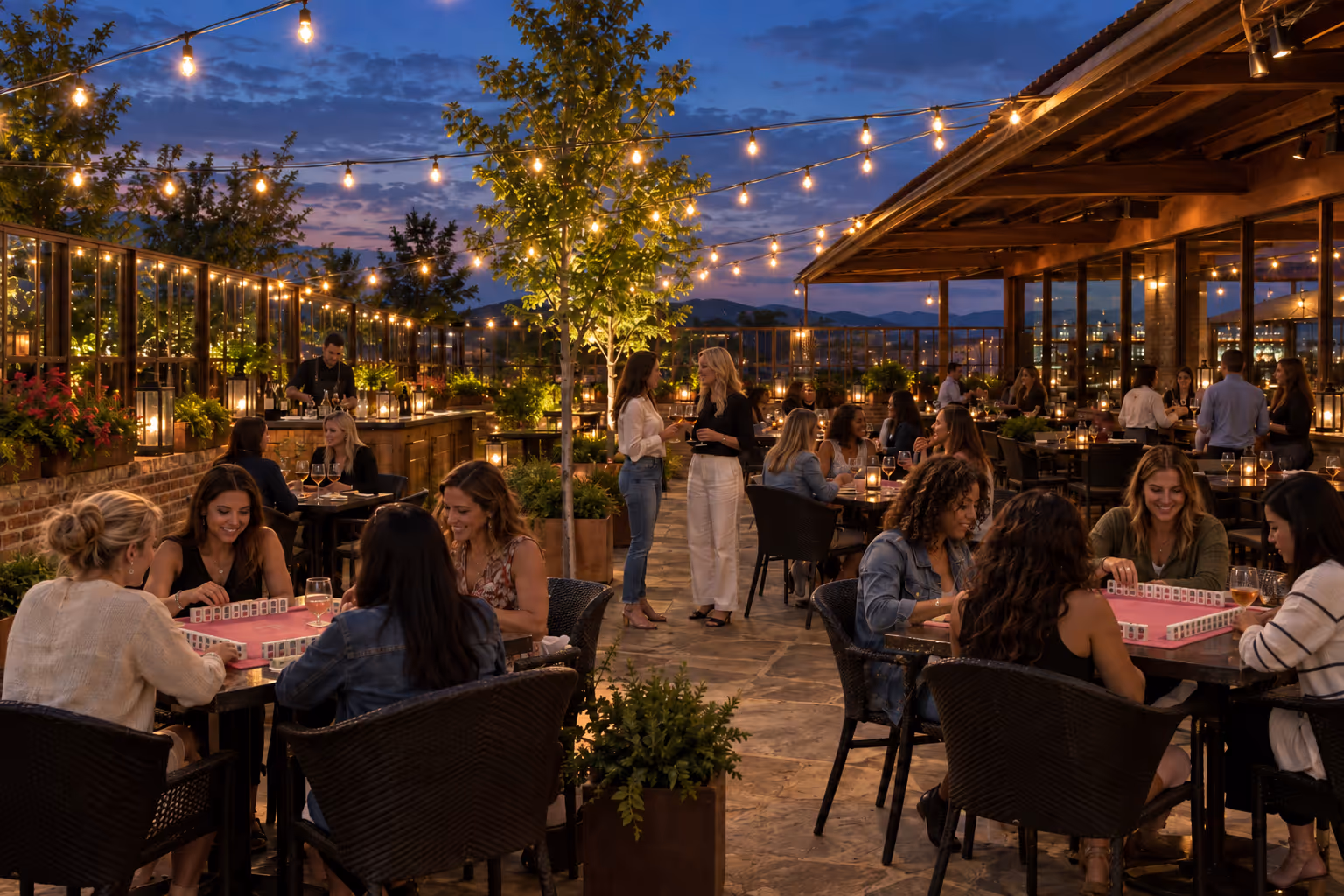 The twilight patio at Sierra Grill in Lone Tree set with pink mahjong tables for a moms social happy hour